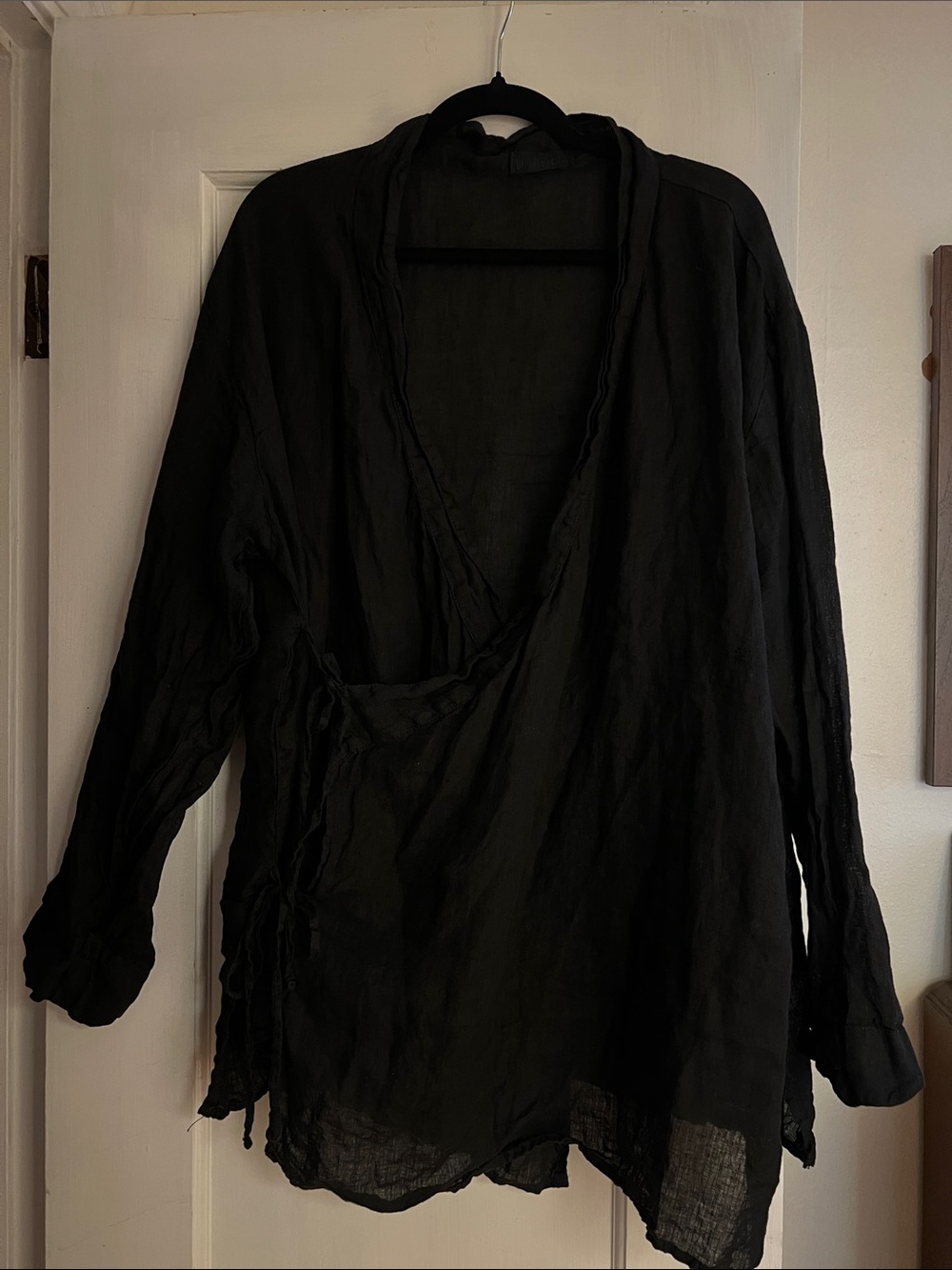 Black 100% Linen Long Sleeve Wrap-Style Women's Top from CP Shades